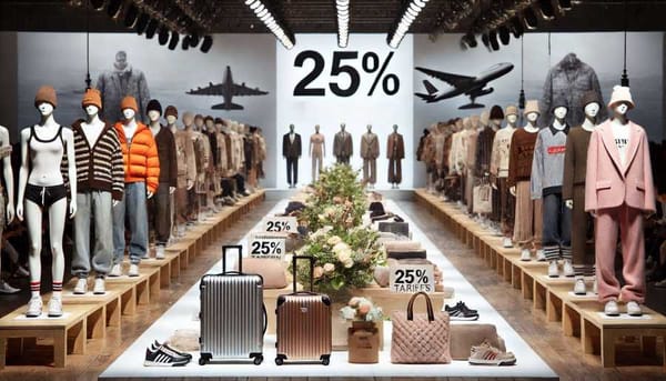 A fashion runway featuring goods adorned with tags showing 25% tariffs.