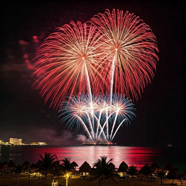 A fireworks explosion over Cancun beaches.