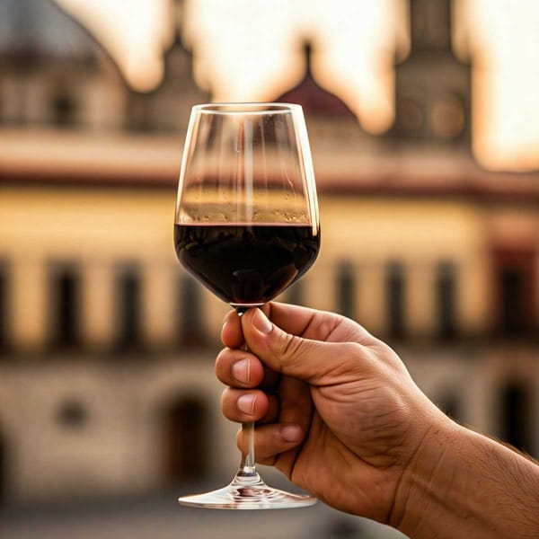 A hand holding a glass of red Mexican wine, with a blurred background of a traditional Mexican setting.