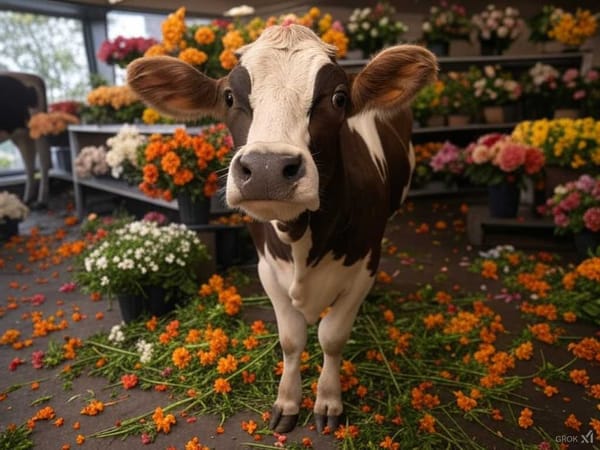 A humorous image of cows clumsily moving through a flower shop.