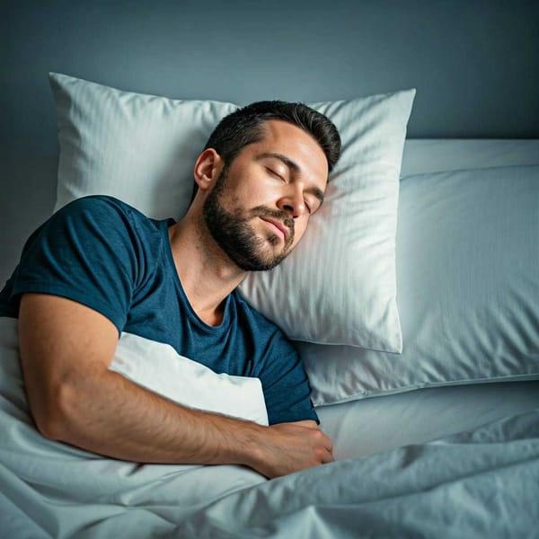 A person sleeping peacefully in a comfortable bed, surrounded by pillows.