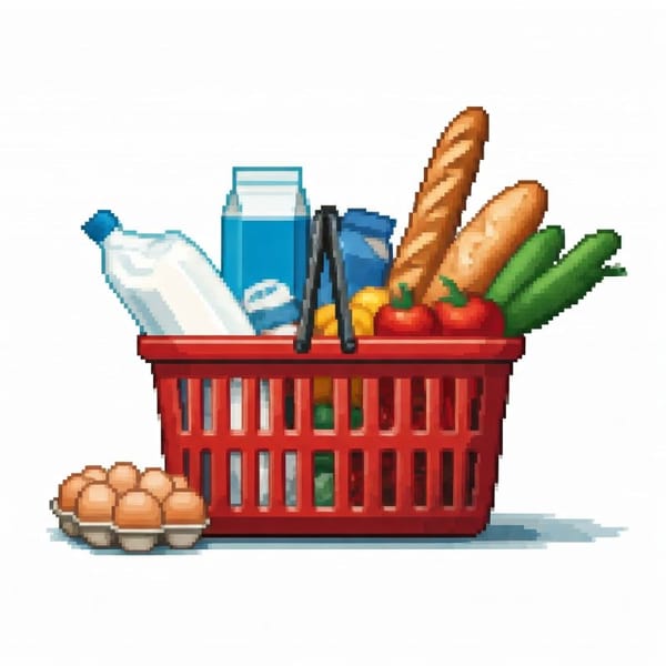 A pixelated image of a shopping basket overflowing with basic items.