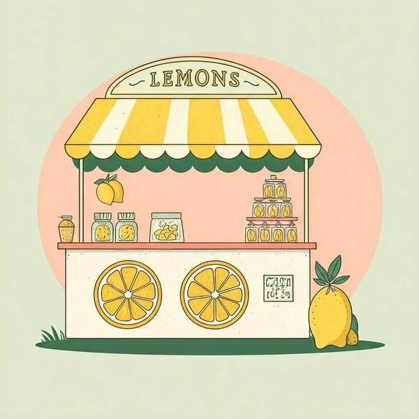 A playful illustration of a lemon stand with signs promoting awareness against gender violence.