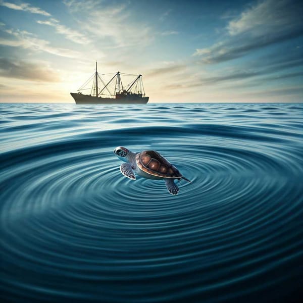 A sea turtle on a swirling ocean current, with a distant shrimp trawler faintly visible on the horizon.