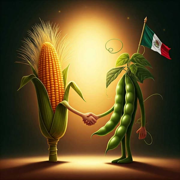 A stylized illustration of a corn stalk and a bean plant shaking hands.