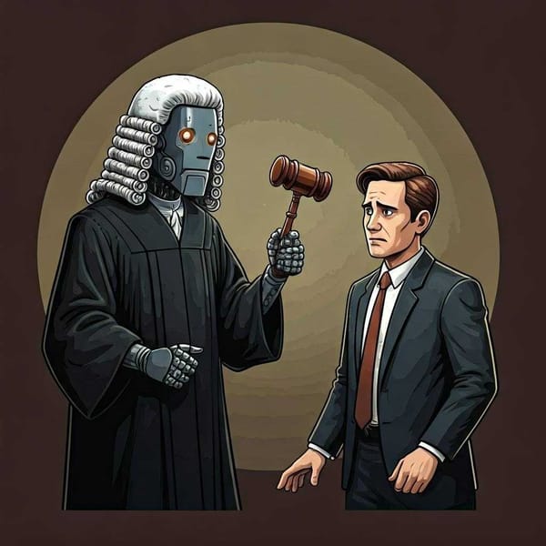 Illustration of a robot wearing a judge's wig and gavel, juxtaposed with a worried-looking human lawyer.