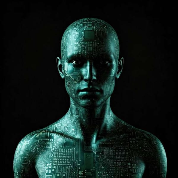 A human silhouette merging with circuit board patterns, illustrating the blurring lines between human and machine.