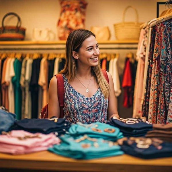 A traveler happily browsing through a boutique in Cancun, surrounded by stylish clothing and accessories.