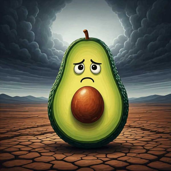 An illustration of an avocado with a worried face, surrounded by barren land.