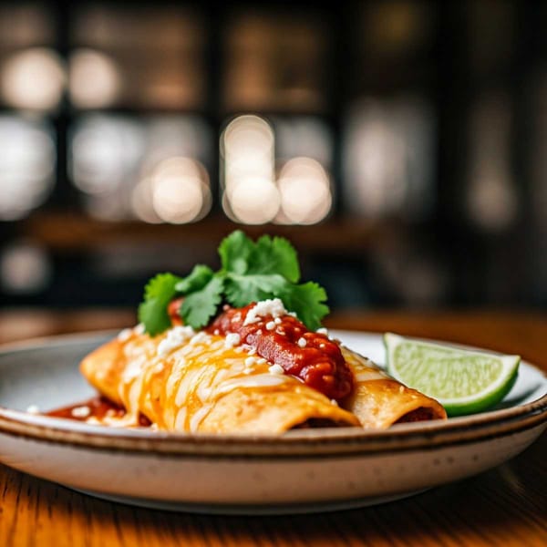 Close-up shot of a vibrant, chili-laden Mexican dish.