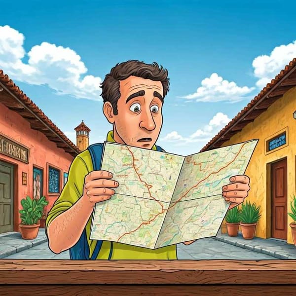 Image of a slightly bewildered tourist looking at a map in Acolman, Mexico.