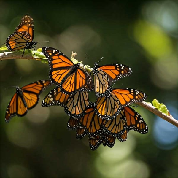 Monarch butterflies clustered on a tree branch, representing the natural collective action seen in nature.