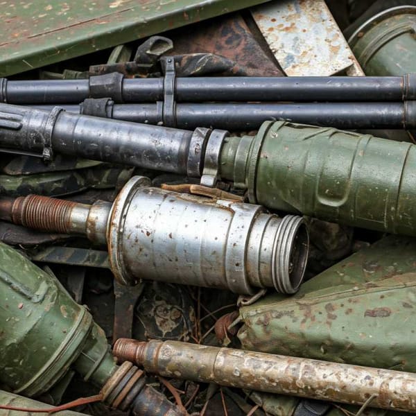 Photo of a messy pile of discarded military equipment.