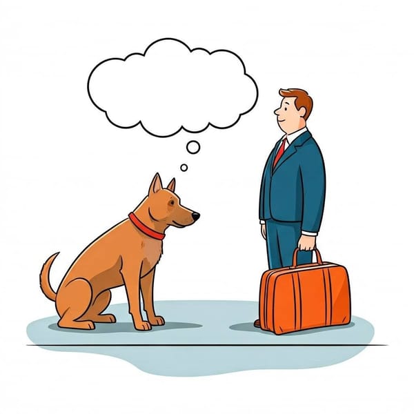 A detection dog looking intently at a passenger's bag, with a thought bubble above the dog's head.