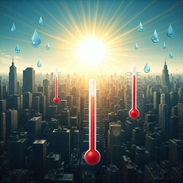 A digital illustration of a sprawling cityscape with towering thermometers and water droplets.