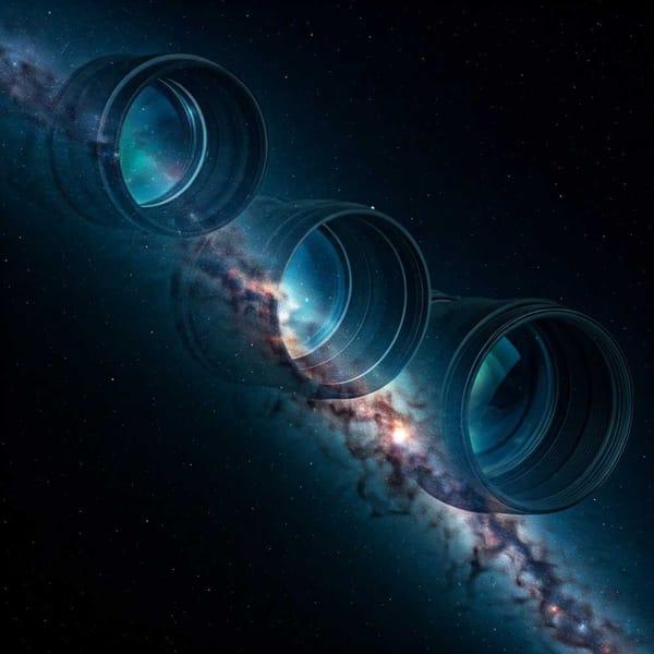 A graphic depicting a starfield with three telescope lenses superimposed.