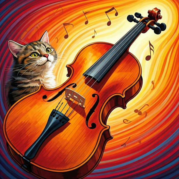 A violin with strings divided into numerous fractions, surrounded by musical notes and a cat.