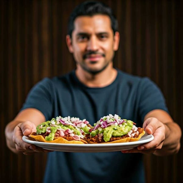 Holding a plate of delicious-looking tostadas.