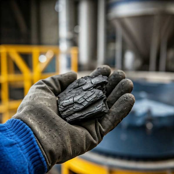 A close-up of dark, charcoal-like material (hydrochar) held in a hand wearing a glove.