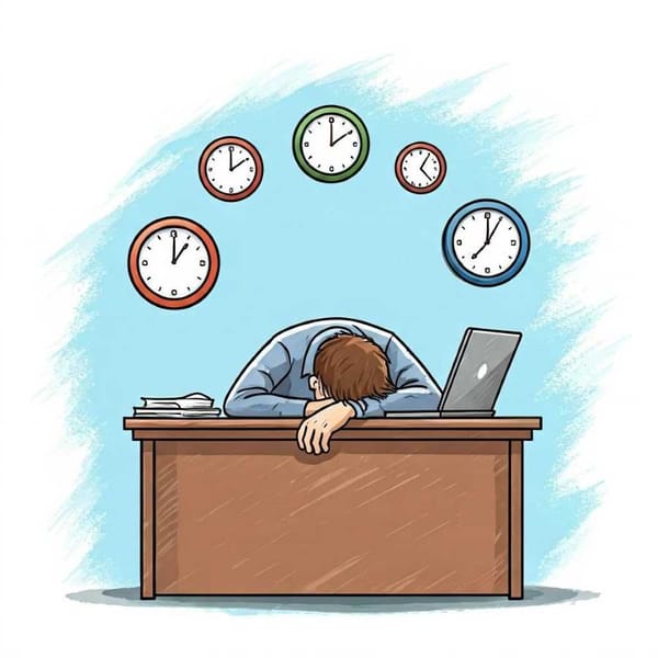 Illustration of a person slumped over a desk, surrounded by clocks showing different times.