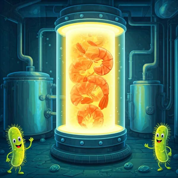 Illustration of shrimp shells entering a glowing bioreactor, with cartoon lactic bacteria high-fiving.