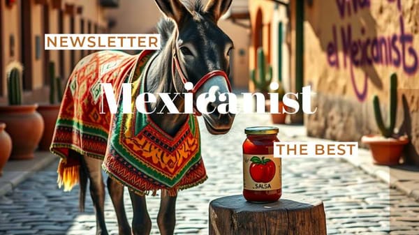 A smug donkey in a vibrant poncho side-eyeing a sad jar of mild salsa.