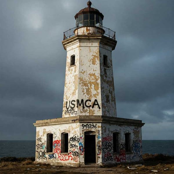 A crumbling lighthouse with "USMCA" graffiti.