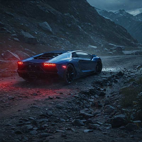 A luxury sports car struggling to drive on very rough, uneven terrain with multiple large potholes.