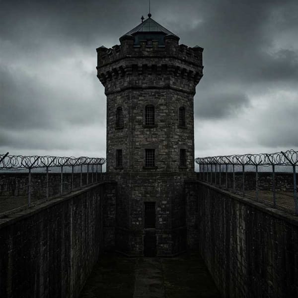 A stark image of a prison tower and high walls.