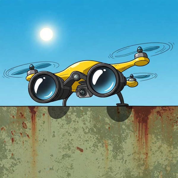 A cartoon image of a drone with comically large binoculars peering over a wall.