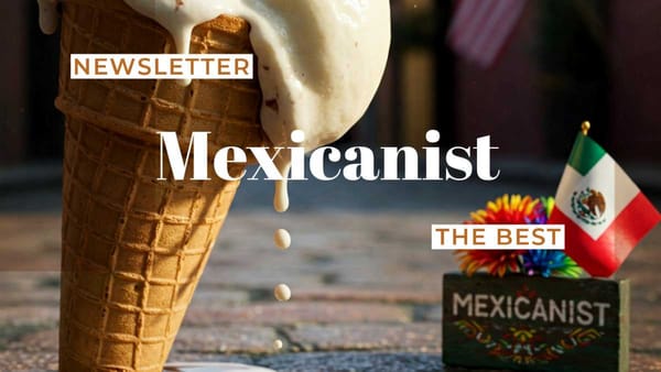 Close-up of a melting ice cream cone with Mexican flag subtly placed nearby.