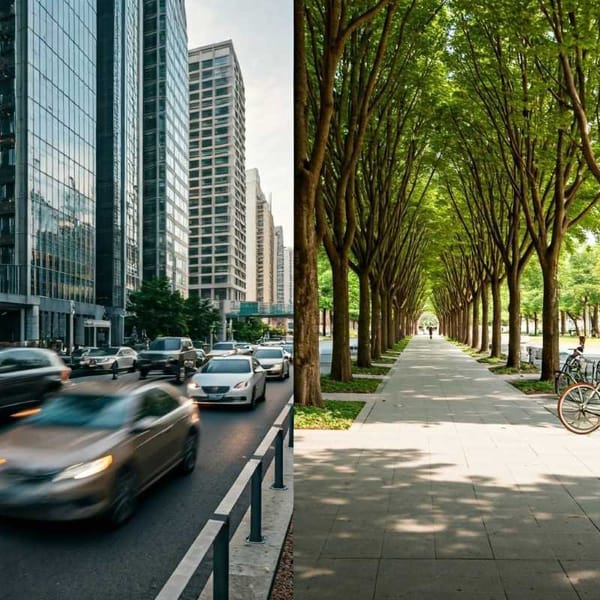 Split image shows car-clogged sprawl and a walkable neighborhood.