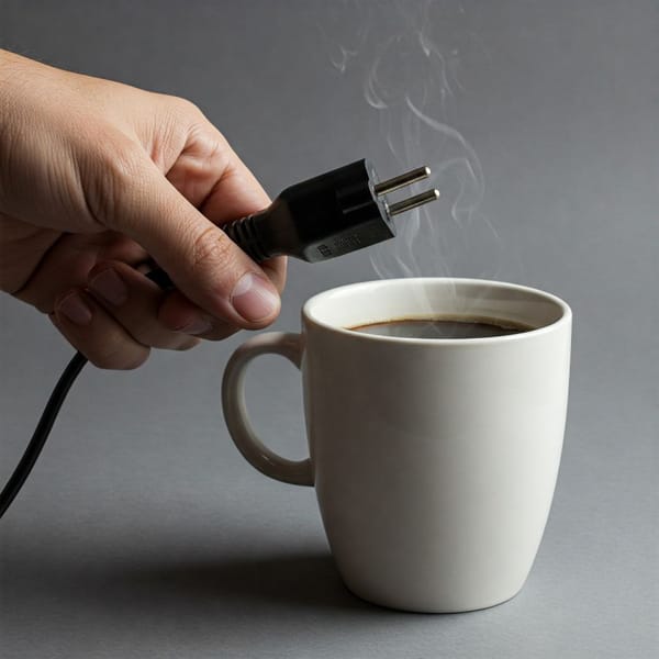 A photo of a hand holding a power cord plugged into a coffee cup.