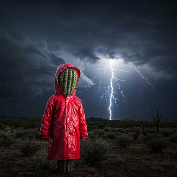 A stoic cactus wearing a rain slicker, standing defiantly in front of a stormy sky.