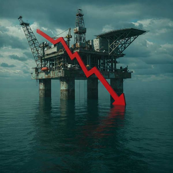 A stylized oil rig partially submerged in water, with a red downward arrow symbolizing declining production.