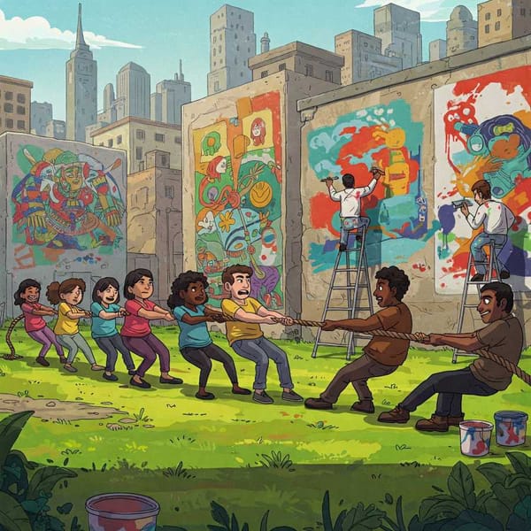 Cartoonish depiction of people tug-of-warring over a patch of land, with murals being painted in the background.