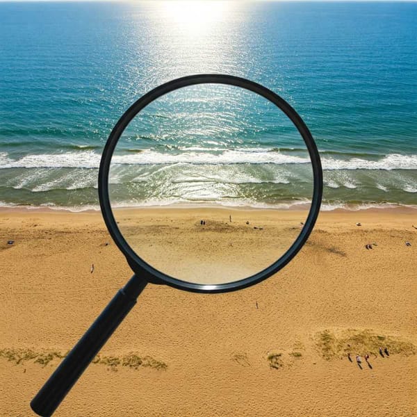 Image of a magnifying glass over a beach, symbolizing the investigation of sargassum levels in Cancun.