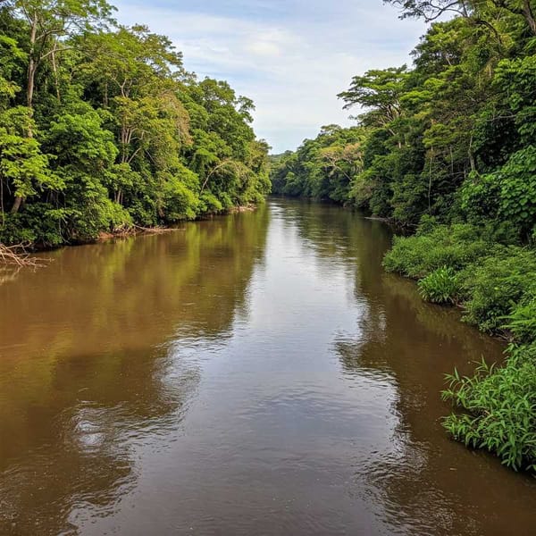 Wide shot of the Suchiate River, with lush vegetation on both banks.