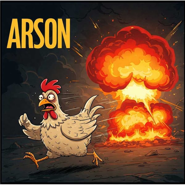 Visual representation of a cartoon chicken running from an explosion.