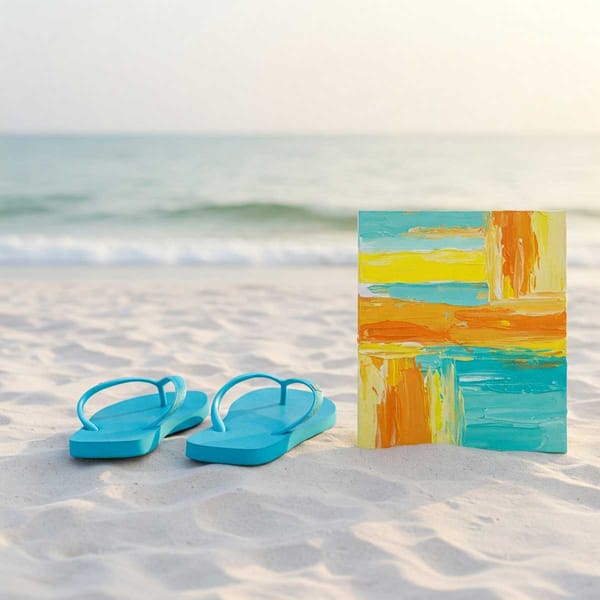 A pair of flip-flops and a painting lying side-by-side on a pristine white sand beach.