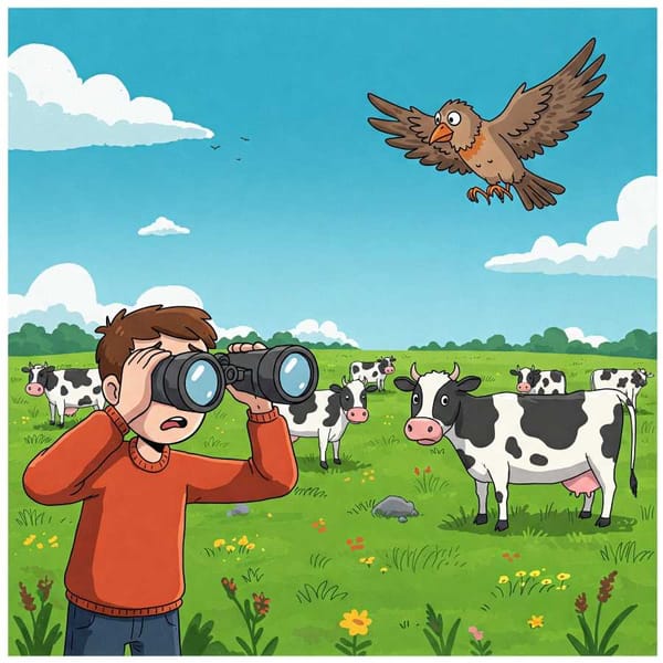 A person with binoculars intensely staring at a herd of dairy cows, with a concerned bird flying overhead.