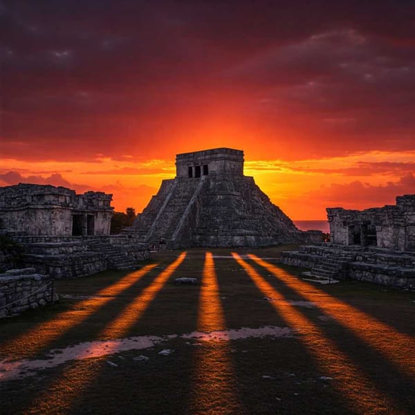 An evocative image of a red sun setting behind ancient Mayan ruins, casting long, menacing shadows.