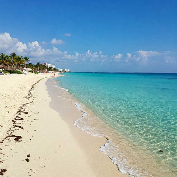 Sunlight reflects off the clean and well-maintained sandy beach in Cancun.