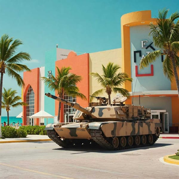 A tongue-in-cheek image suggesting an army tank parked outside a shopping mall.