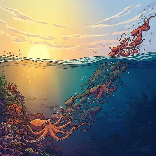 Graphic illustration of octopuses moving from shallow, warmer waters to deeper, cooler waters.