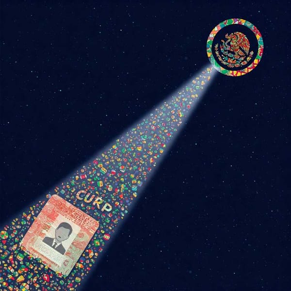 A stylized illustration of Mexico's ID system (CURP) transforming into a searchlight.