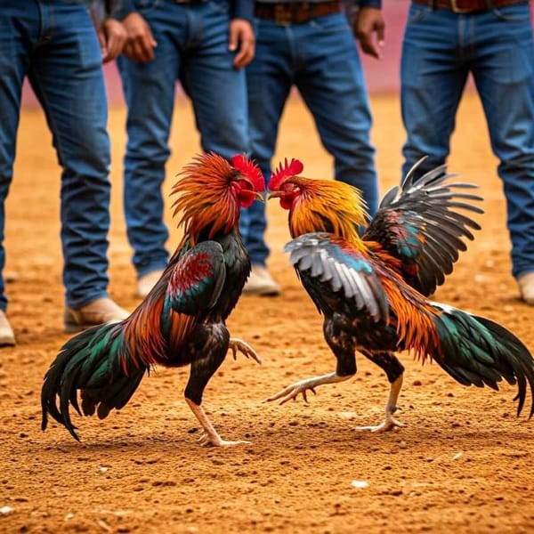 A close-up shot shows two fighting roosters in an arena, surrounded by the legs and feet of men.