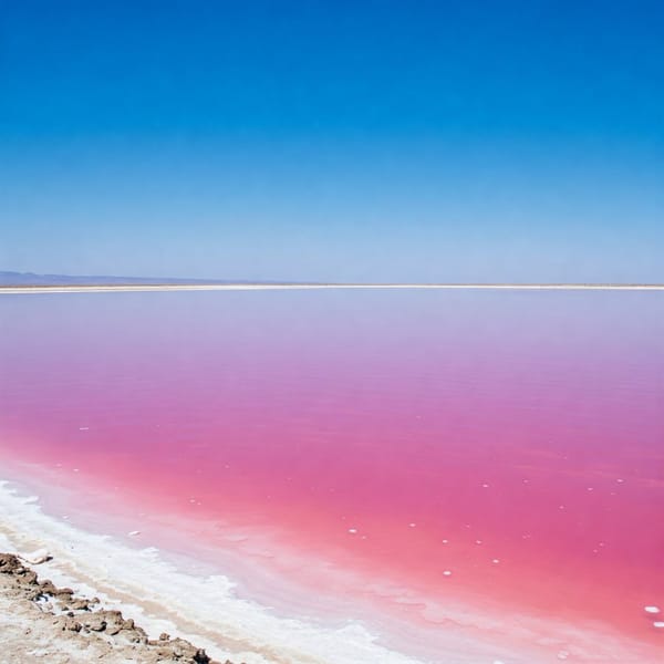 A shallow lake with intensely pink water, contrasting with the white salt flats and blue sky.