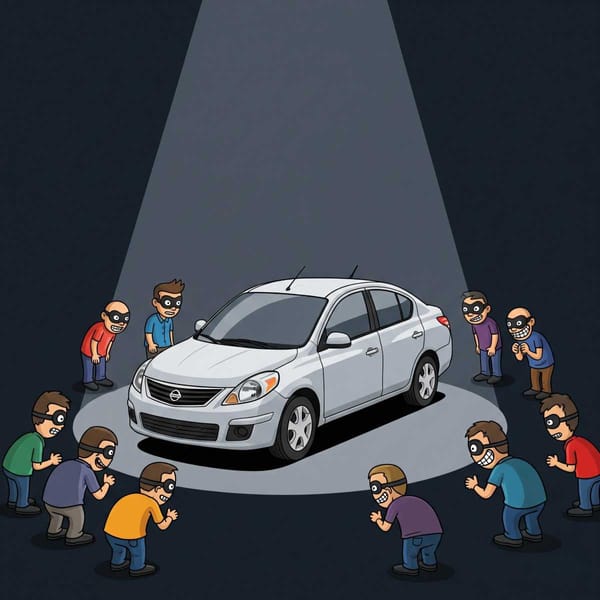 A comical illustration of a generic sedan, like a Nissan Versa, with a spotlight on it.