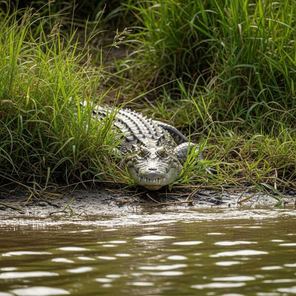 A crocodile is seen partially camouflaged in tall grass or reeds near the edge of a body of water.
